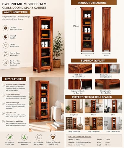 Image of BWF Premium Sheesham Glass Door view Display Self | Kitchen Crockery Cabinet | Bookcase | Wooden Almirah for Home, School, Office, Shop, Medical Clinic and Garage | Honey Finish | BP - 07
