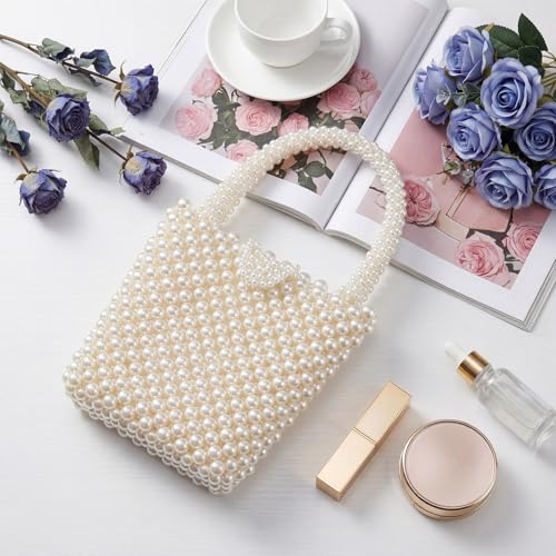 Bolso de mano de novia con perlas acrílicas blanco miniatura 3