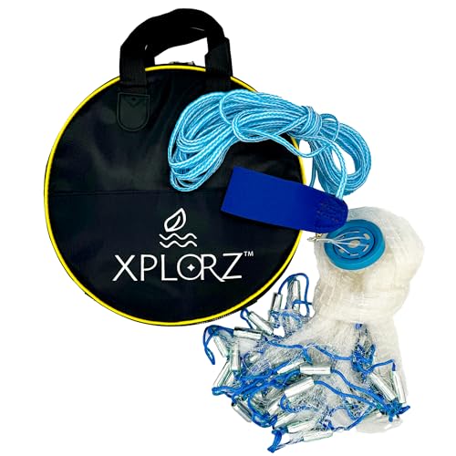 XPLORZ Cast Fishing Nets: 4ft/ 6ft/ 8ft Sizes for Saltwater & Freshwater Fishing - Enhanced with Heavy-Duty Zinc Sinker Weights, 3/8 Inch Mesh (4ft)