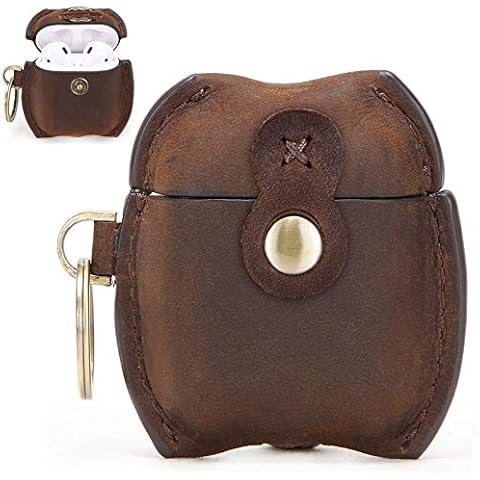 Personalized AirPods Leather Case with Keychain, Snap Closure Genuine Leather Case Shockproof Cover for Apple AirPods 1 Case & Airpods 2 Case Universal Leather Airpod Wireless Charging (Darkbrown) Cover