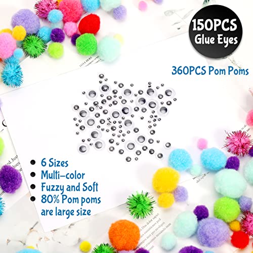 Pllieay [510 Pcs] 360 Pieces Assorted Size Pom Poms + 150Pcs Self-Adhesive Wiggly Eyes For Puff Balls Kids' Art, Craft Projects, Christmas Decoration #TOP2