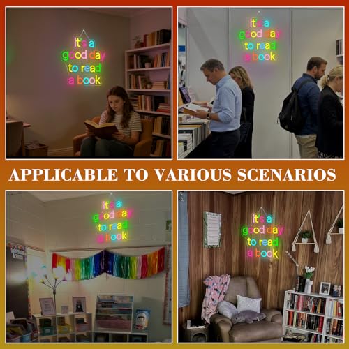 Image of Book Neon Sign for Classroom, Bedroom Reading Wall Sign LED Neon Light for Book Lovers USB Powered Dimmable Reading Nook Decor with Colorful Glow It's a Good Day to Read a Book
