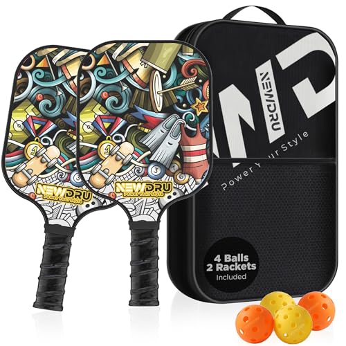 Image of NEWDRU Pickleball Paddle Set of 2 | Fiberglass Pickleball Rackets with Honeycomb Core, 4 Outdoor Balls & Carry Bag | Lightweight USAPA Approved Paddles with Comfort Grip for All Skill Levels - Doodle