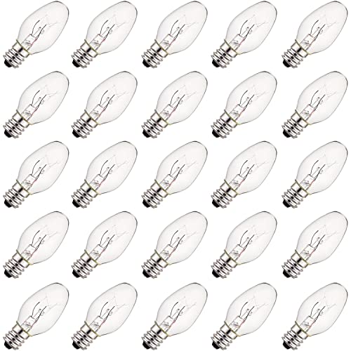 25 Pack Clear Night Light Bulbs, 7 Watt Salt Lamp Light Replacement Bulbs, Plug-in Incandescent Night Light Bulbs, E12 Candelabra Base, 120 Volt 25 Pack Clear Night Light Bulbs, 7 Watt Salt Lamp Light Replacement Bulbs, Plug-in Incandescent Night Light Bulbs, E12 Candelabra Base, 120 Volt