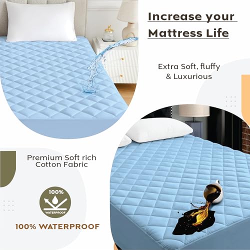 Image of Ayka 100% Waterproof Queen Size 72x60 inch Cotton Quilted Mattress Protector Breathable Hypoallergenic Noiseless Ultra Soft Elastic Fitted Bed Protector Mattress /Bed Cover (Blue, Queen (72 * 60 inch))