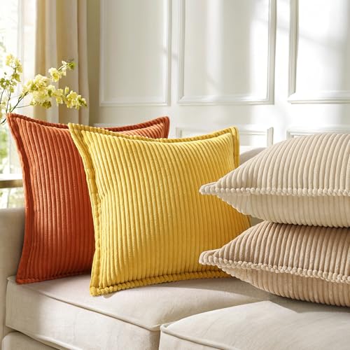 decorUhome Fall Corduroy Rust Throw Pillow Covers 18x18 Set of 2 Decorative Soft Boho Striped Neutral Euro Farmhouse Couch Pillow Cases with Broadside for Living Room Bed Sofa