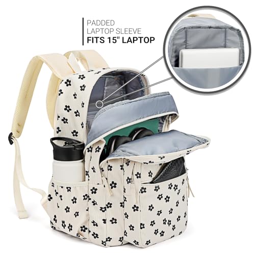 Image of ZORFIN 26L Backpack for College, and Travel: Corduroy Bookbag - Floral