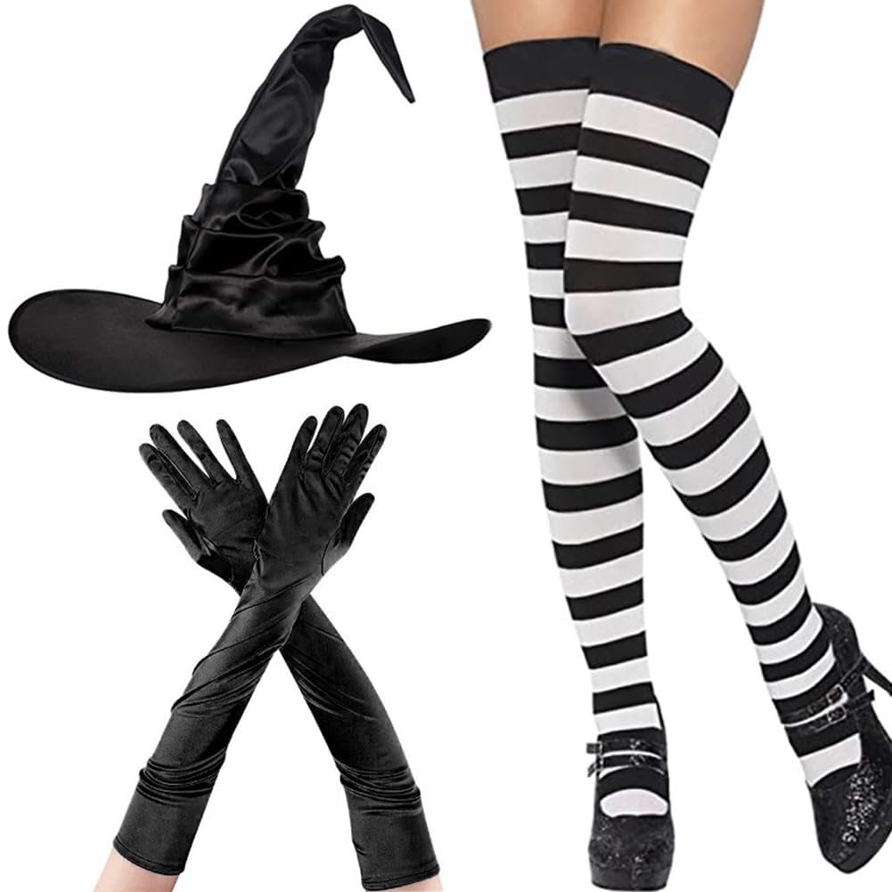 Halloween Witch Hat Long Stockings Gloves Set Elegant Stretch Satin Gloves for Women Fancy Dress Hat Tights Costume Over The Knee Thigh High Socks Stockings Women Arm Warmer Cosplay Witch Accessories