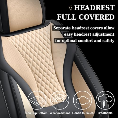 Image of Coverado Waterproof Nappa Leather Car Seat Covers, Automotive Seat Covers,Front Car Seat Cushion & Car Seat Protector, Black&Beige Seat Covers Universal Fit for Most Cars, SUVs, Trucks