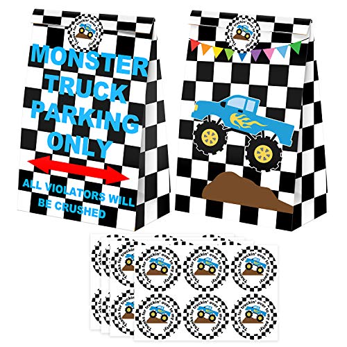 24 Pack Monster Truck Party Candy Favor Bags with Stickers, Monster Truck Goodie Gift Treat Bags Monster Truck Themed Birthday Party Supplies