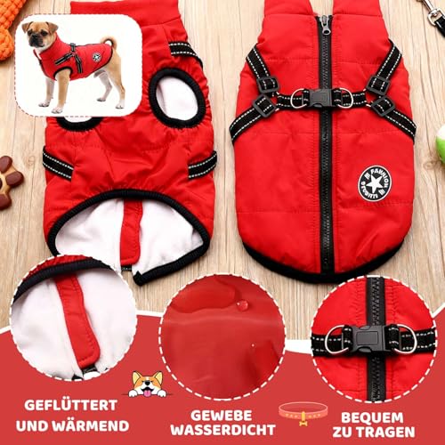 Hundemantel Winter mit Geschirr, Warme Hundejacke für Kleine Hunde, Wasserdicht, Reflektierend, Rot M, Hundemantel Für Kleine Hunde, Ideal Wintermantel Hund für kalte Tage, Hundejacke Wasserdicht