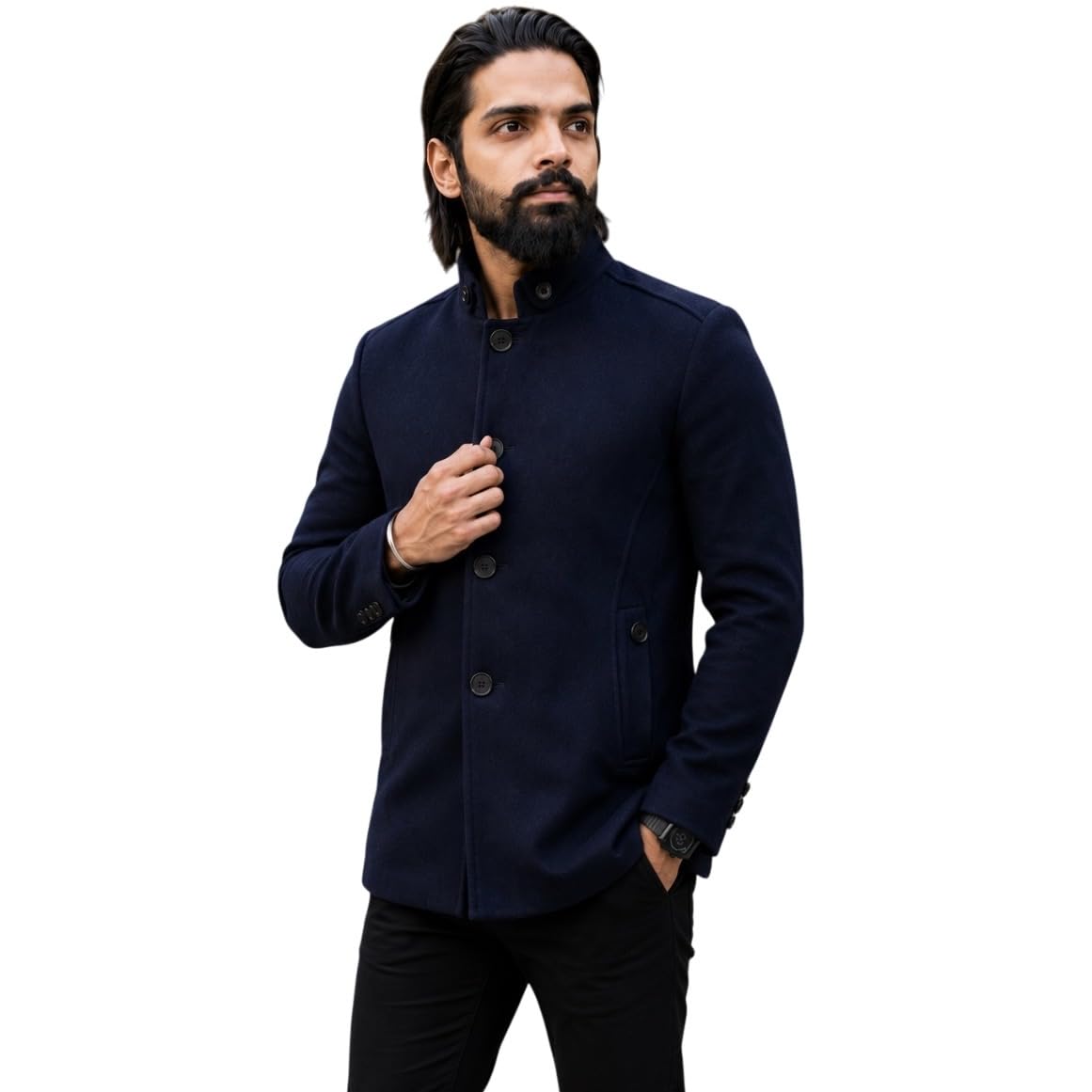 chandre Men's Wool Blend Stand Collar Short Coat with Button Blazer Jacket-picture-44