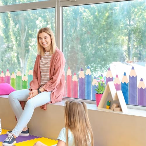 Image of Whaline 9 Sheet Watercolor Pencil Window Clings Back to School Pastel Color Pencil Reusable Window Decals for First Day of School Home Nursery Classroom Decor
