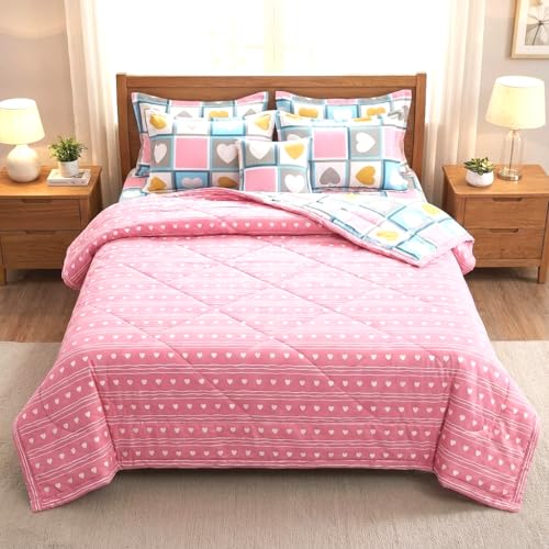 Image of BENAVJI Single Bed Comforter, Reversible Soft Microfiber AC Comforter, All Season Lightweight Quilt Blanket, Pink Heart Check