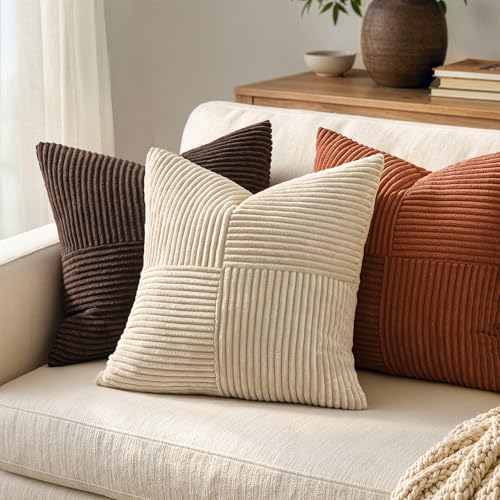 Image of MIULEE Dark Brown Decorative Throw Pillow Covers 18x18 Inch for Couch Bed Sofa Pack of 2 Chocolate Boho Farmhouse Throw Pillows Soft Cross Corduroy Patchwork Textured Cushion Cases