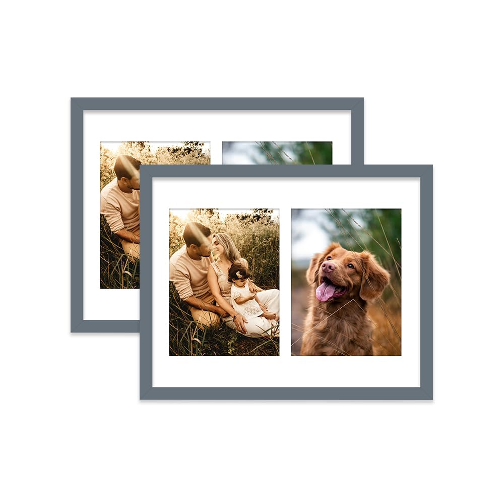 Grey Multi Photo Frame - Holds 2 x 8x6 Pictures, Family Collage Picture Frame for Wall Display, 14x11 Frame size, Set of 2