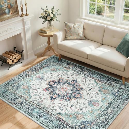 RELEANY Washable Area Rug, 4'x5', Teal Green/White/Navy