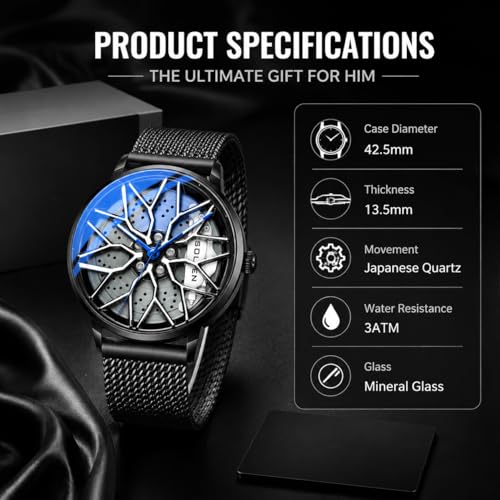 Image of Men's Car Wheel Watches, Stylish Racing Rotating Dial Analog Watches