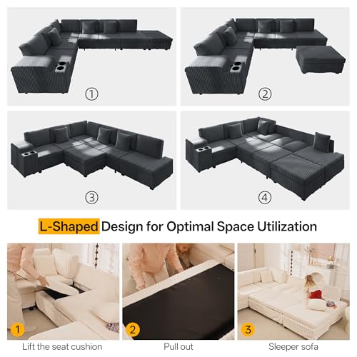 Image of KEIKI 110 inch L-Shaped Oversized Plush Corduroy Modular Sectional Sofa with Pull-Out Bed, Convertible 6-Seater Sleeper Couch Bed with 1 Ottomans & USB & Cup Holders, Easy Assembly, for Living Room, Gray