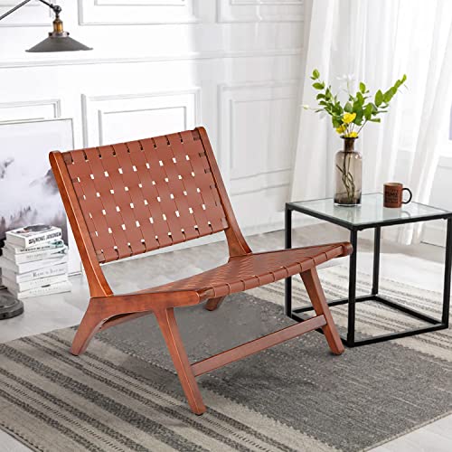 Heugah Accent Chair, Woven Leather Midcentury Modern Accent Chair With High Back,Patio Lounge Chair, Cognac Leather And Natural Wood Recliner Chair For Living Room, Bedroom, Patio(Brown) #TOP2