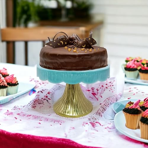 Image of Blue Resin Stylish Vintage Turquoise & Gold Cake Stand for Weddings, Birthdays, and Parties - Elegant Dessert Display
