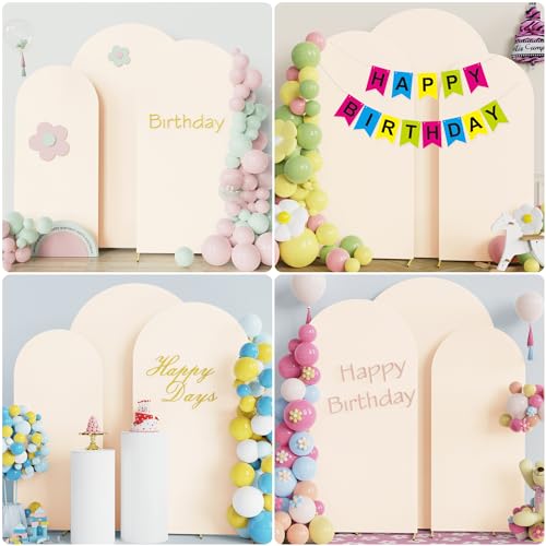 Image of Wokceer Wedding Arch Backdrop Cover (7.2FT, 6.6FT, 6FT) Set of 3 Spandex Fitted Beige Arch Covers Round Top Chiara Arches Covers Stretchy Backdrop for Birthday Party Ceremony Banquet Decor