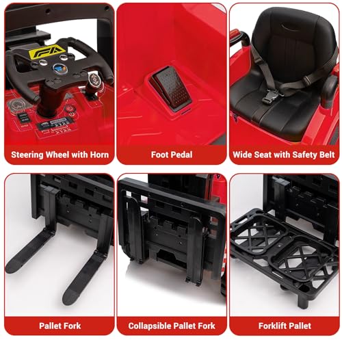 12V Kids Ride On Forklift Car, Electric Ride On Construction Car Toy for Toddles With Remote Control, Liftable Fork and Pallet, Low-Power Alarm, 2 Speeds, Music, Red