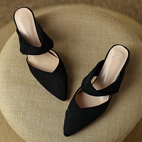 KISSASA Womens Pointed Toe Chunky Low Heel Mules Faux Suede Block Heel Slides Heeled Sandals3