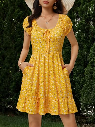 Image of HUHOT Teen Petite Women Floral Short Summer Mini Dresses with Pockets Cute Milkmaid Sundress 2026