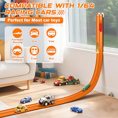 Image of Flexible Race Car Track 15 Ft Starter Set with Suction Cups, Rolls Up Portable Race Track Compatible with Diecast 1 /64th Car, Suitable for Home, Beaches, Parks, and Lawn