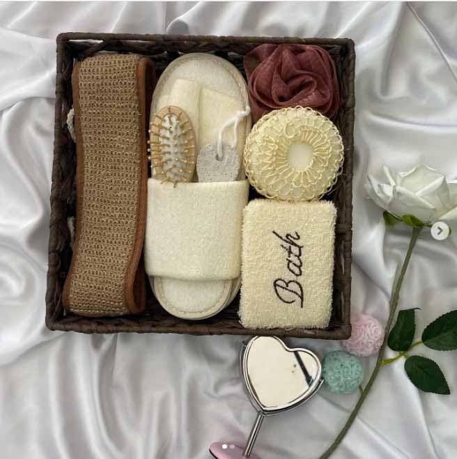 SKOFRI Body care set, Bathroom Set - Large Rattan Basket Hamper Bath Gift Set in Box for Valentine's Mother's Day Birthday - Body Brush, Pumice Stone, Exfoliation-8Pcs(Multi)-image-11