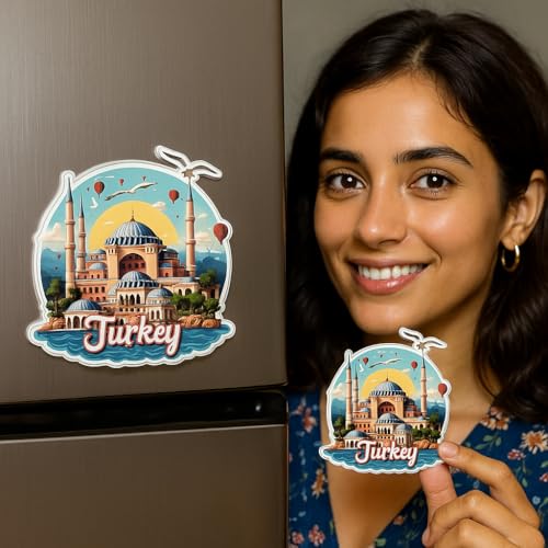Image of Naxon Turkey Souvenir Wooden Fridge Magnet - 3x3 Inch Travel Collectible Refrigerator Magnet | Hagia Sophia, Cappadocia & Istanbul Skyline Design | Home Kitchen Decor & Gift | Pack of 1