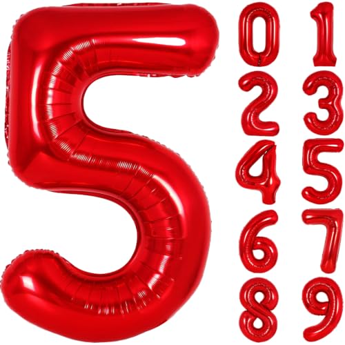 Image of Number Balloons Red Party Balloon - 40 Inch Large Number 5 Balloon, Numbers Balloon Birthday Decorations, Red Party Supplies for Anniversary