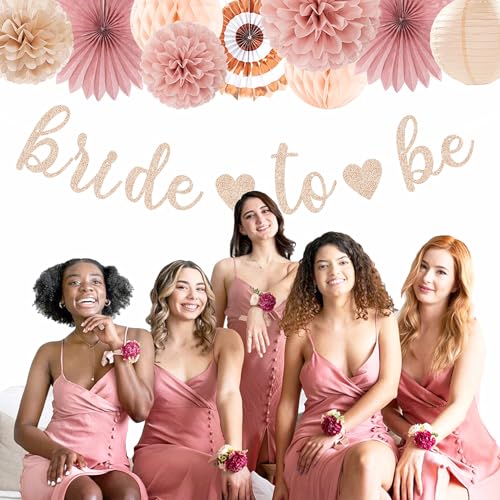 Image of Blush-Pink Rose-Gold Bridal-Shower Party Decorations - 21pcs Bride to Be Sign Banner,Bachelorette Paper Lanterns Honeycomb,Wedding Streamers Garland,Fall Tissue Pom Poms Fans Decor Supplies Burgleda
