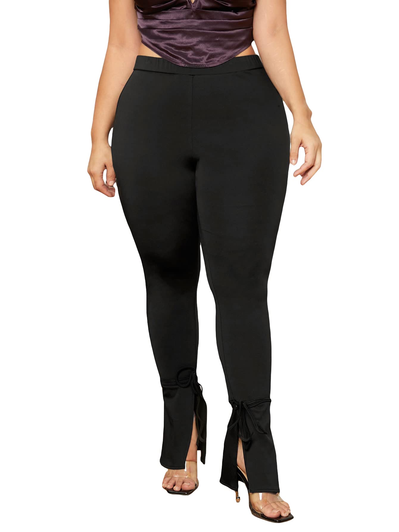 WDIRARA Womens Split Front Elastic High Waist Elegant Flare Leg Long Pants