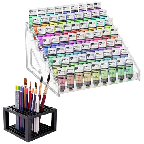 Image of 7 Layers Clear Paint Organizer and Storage, Miniature Paint Holder Organizer with Paint Brush Holder, Craft Paint Rack Stand for Paint Tube, Ink Bottle, Nail Polish, Sunglasses (Plastic)