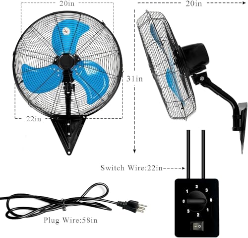 Image of AZOUTDOOR 20 inch Wall Mount Fan, 7000 CFM High Velocity Industrial Wall Fan with 3-Speed Setting, 120 Oscillating Mounted Fans for Warehouse, Workshop, Garage, Patios, Commercial Use ETL Listed, Blue