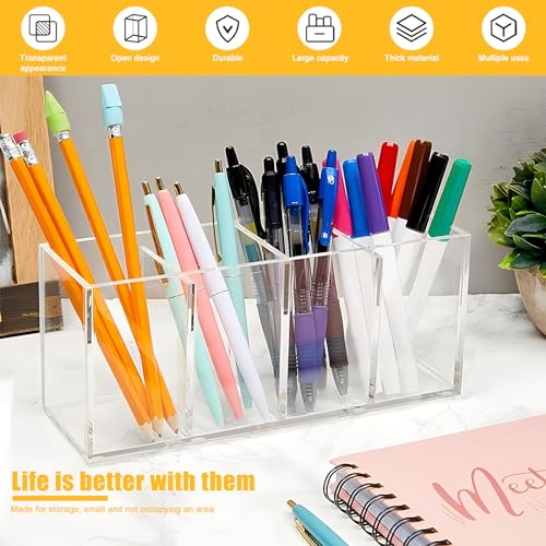 Image of Clear Makeup Brush Organizer,Acrylic Cosmetic Brushes Storage Holder with 4 Slots,Pencil Pen Holder for Desk,Desk Organizer and Accessories for Vanity