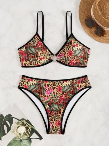 Image of Fanuerg Women's Triangle Bikini Sets O Ring Linked Two Piece Swimsuits Floral Printed Cheeky Bathing Suit