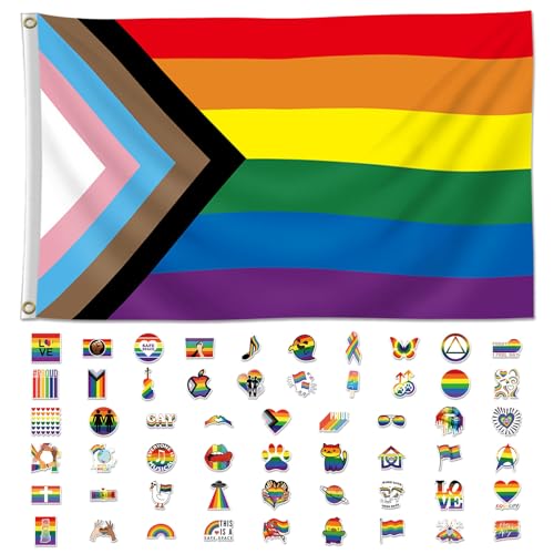 Progress Pride Flag Regenbogen Flagge 150x90cm und 55 Stück LGBTQ Sticker Gay Flag mit Messing-Ösen Aufkleber Flagge Regenbogenfahne für Pride Accessoires Party Paraden Dekorationen