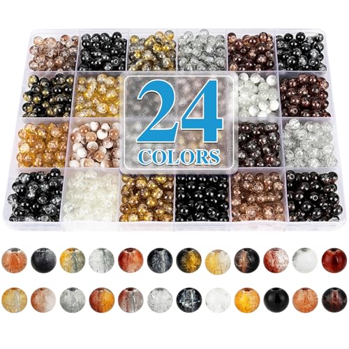Image of XSEINO About 1200PCS 6mm Crack Glass Beads,24 Assorted Crack Earthtone Blackwhite Series Colorful Crystal Beads for Bracelet and Jewelry Making and DIY Crafts,Friendship Bracelets