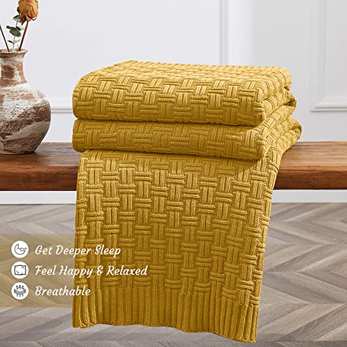 Image of TREELY 100% Cotton Knitted Throw Blanket 50 x 60 Inches, Mustard Yellow
