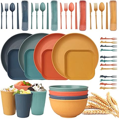 48pcs Unbreakable Dinnerware Sets for 4 People, Camping Plates and Bowls Set, Plastic Picnic Dinner Sets, Lightweight Colorful BBQ Plastic Serving Plates, Bowls, Cups,Cutlery Set, Forks,Tableware Cover