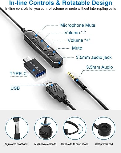 Image of New bee USB Headset with Mic for PC, On-Ear Computer Laptop Headphones with Noise Cancelling Microphone & USB-C Adapter for Home Office Online Class Skype Zoom (Black)