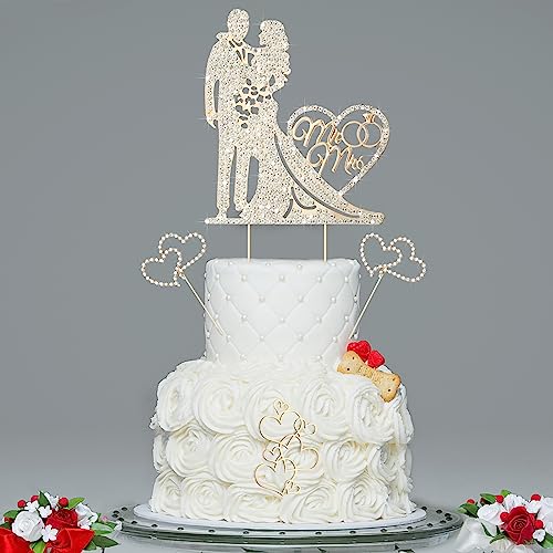 Spiareal 4 Pcs Wedding Cake Topper Mr and Mrs Rhinestone Bride and Groom Love Cake Topper Metal Crystal Heart Shaped Happy Engagement Anniversary Funny Diamond Party Decor for Bridal Shower(Gold)