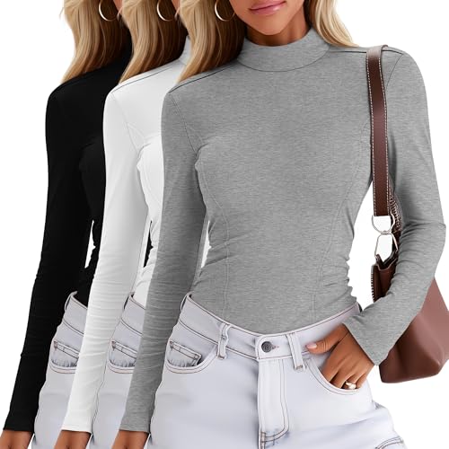 Oakgarden 3 Pack Women's Long Sleeve Mock Turtleneck Shirts, Crew Neck Slim Fit Base Layer Tops Thermal Underwears(Light Mixed Gray, White, Black,Small)