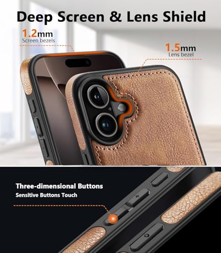 Image of MOBILOVE PU Leather Flexible Soft Logo View Back Case Cover Comes with Camera & Screen Protection for | iPhone 16 (Brown)