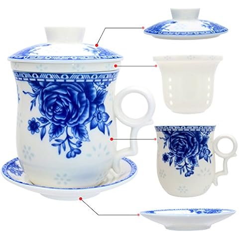 Ameolela Porcelain Tea Cup with Infuser Lid and Saucer Sets - Chinese Jingdezhen Ceramics ffee Mug Teacup Loose Leaf Tea Brewing Syem for Home Office,Rose Blue and White Cover