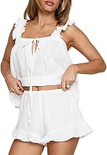 vctops Womens Summer Pajamas Set Ruffle Pj Sleepwear Tie Front Tank Top and Shorts 2 Piece Outfits Lounge Sets