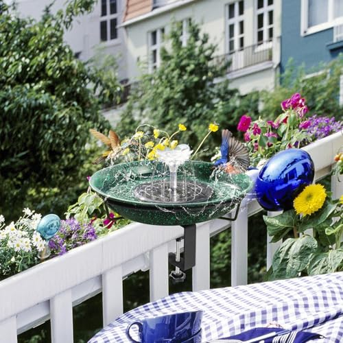 Image of Yiabivo Deck Mounted Bird Bath with Solar Fountain,Solar Railing Bird Bath Fountains for Hummingbirds,Adjustable Metal Durable Deck Bird Bath Holder for Outdoor Railings, Garden,Patio Deck